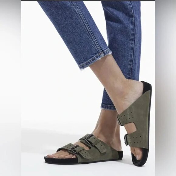 NIB | THE KOOPLES Khaki Army Green Leather Sandals 2 Strap‎ French Size 38 - Picture 1 of 10